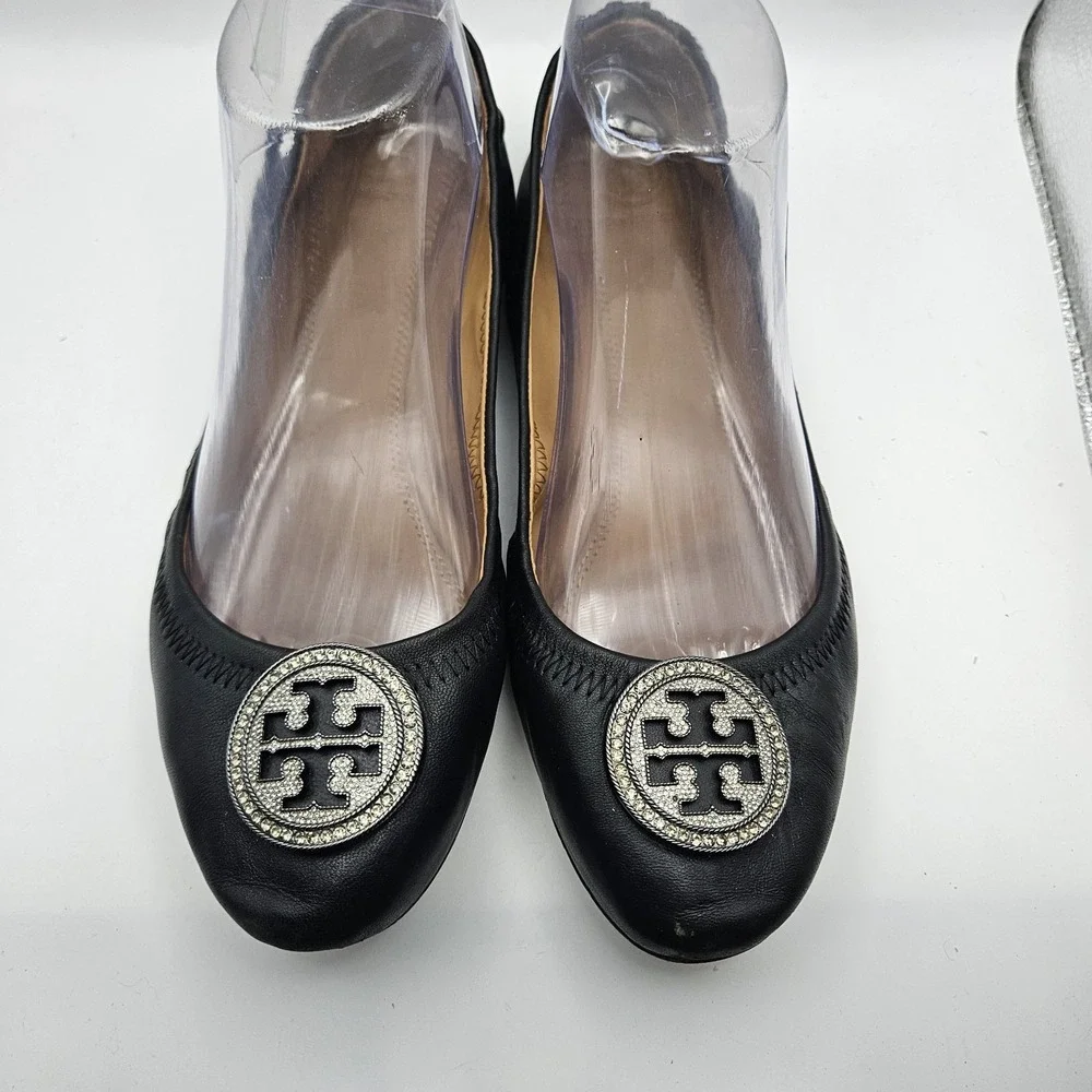 Tory Burch Liana Black Leather Ballet Flats Logo Quiet Luxury Old Money Sz 8.5M